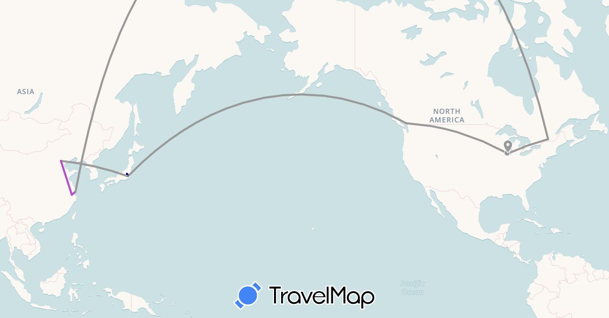 TravelMap itinerary: driving, plane, train in Canada, China, Japan, United States (Asia, North America)